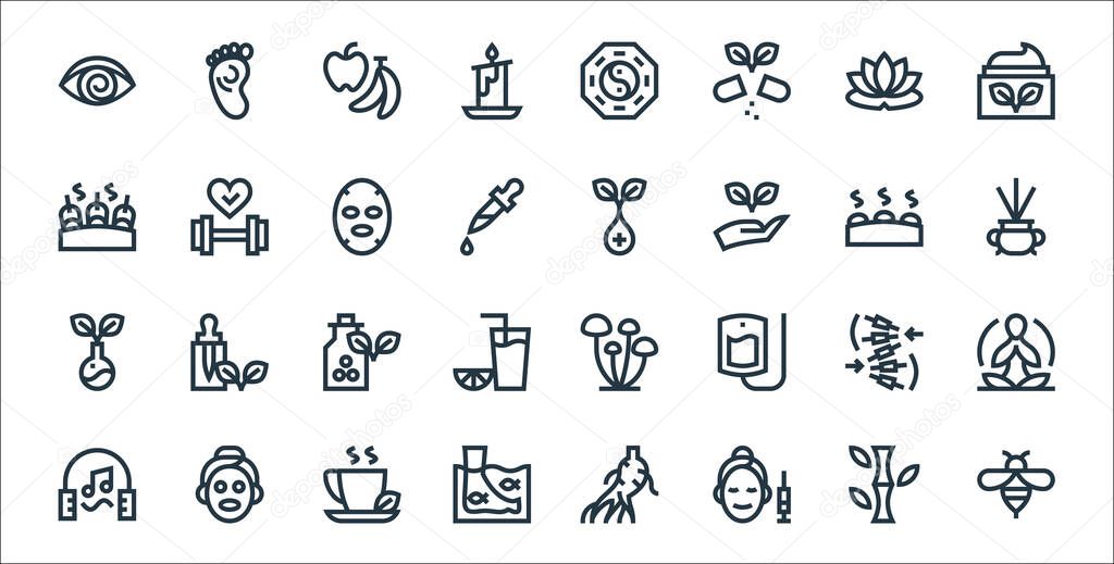 alternative medicine line icons. linear set. quality vector line set such as bee, mesotherapy, fish, music therapy, massage, homeopathy, incense, herb, fitness
