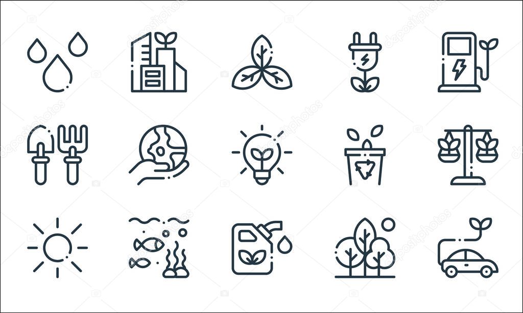 ecology line icons. linear set. quality vector line set such as car, eco fuel, sun, nature, ocean, gardening tools, trash, energy, city