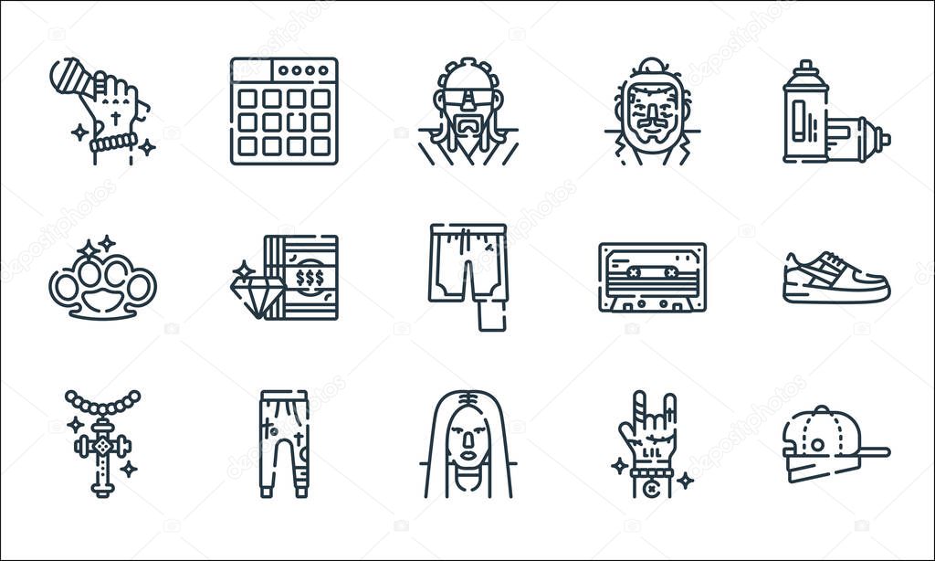 hip hop line icons. linear set. quality vector line set such as cap, hip hop, necklace, hand, training pants, brass knuckles, cassette, hip hop, launchpad