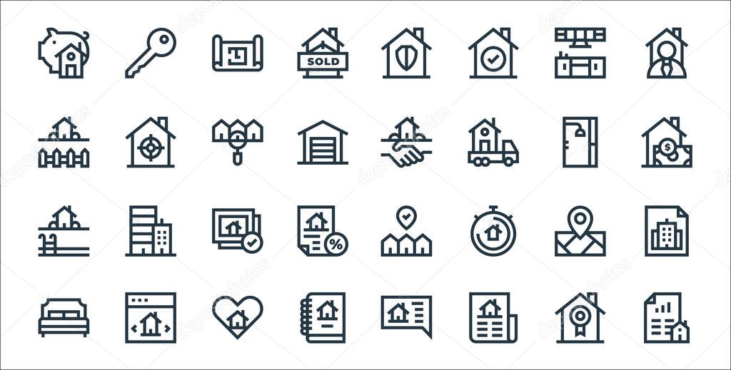 real estate line icons. linear set. quality vector line set such as loan, new, report, bedroom, placeholder, photo, buy, agreement, target