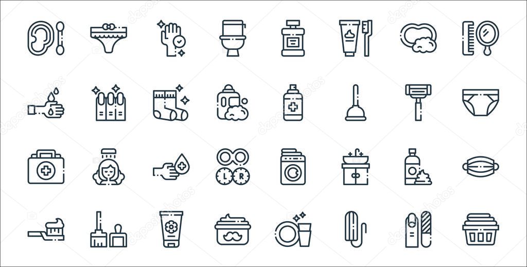 hygiene routine line icons. linear set. quality vector line set such as towel, tampon, moustache cream, toothbrush, foam, hand sanitizer, underwear, spray, manicure