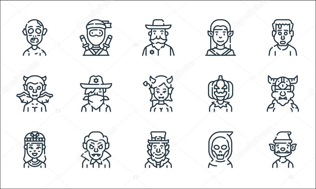 fantastic characters line icons. linear set. quality vector line set such as goblin, leprechaun, cleopatra, reaper, vampire, devil, jack o lantern, elf, ninja