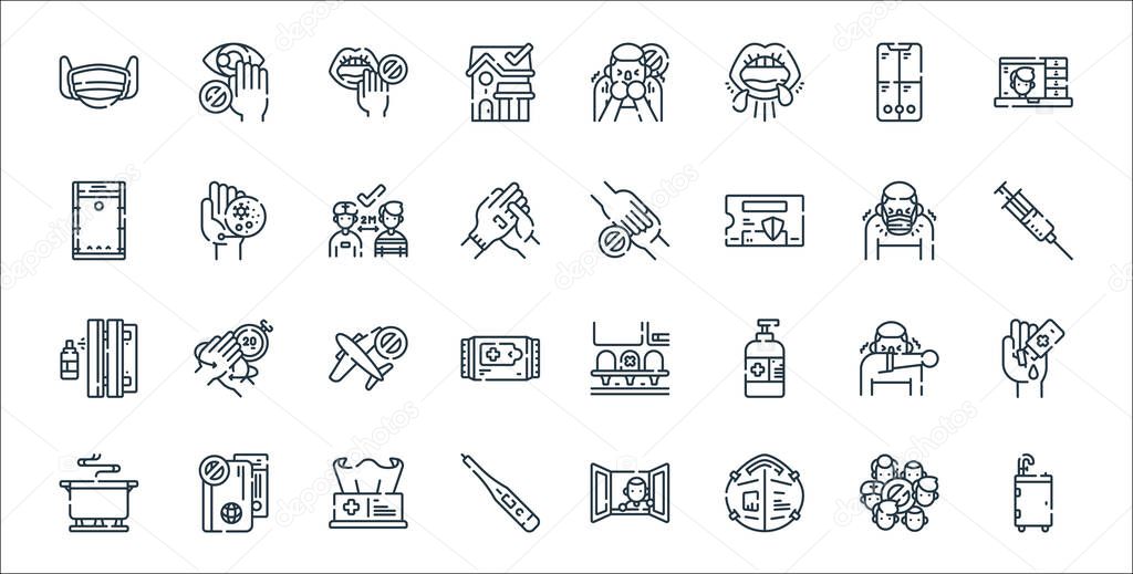 coronavirus prevention line icons. linear set. quality vector line set such as portable, medical mask, thermometer, well, cough, no travelling, syringe, do not touch, coronavirus