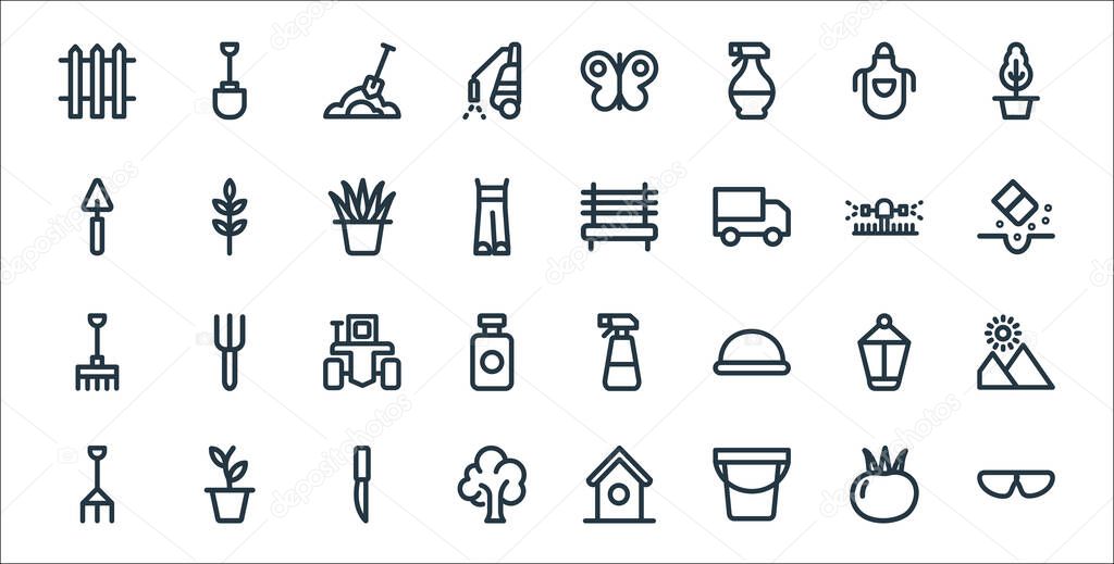 landscaping equipment line icons. linear set. quality vector line set such as googles, water bucket, tree, rake, water bucket, tractor, seeding, bench, barley