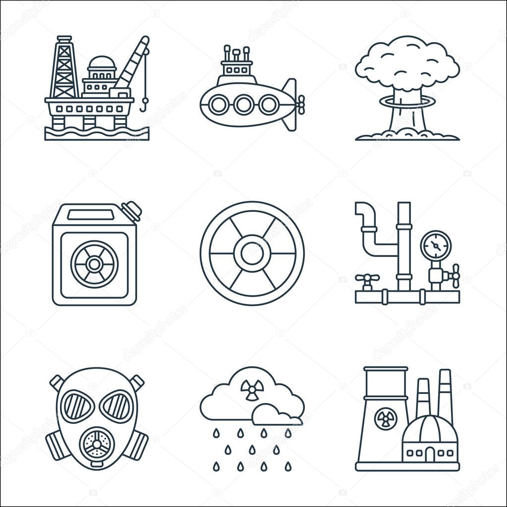 nuclear energy line icons. linear set. quality vector line set such as nuclear plant, acid rain, gas mask, pipe, radioactive, fuel, nuclear bomb, submarine