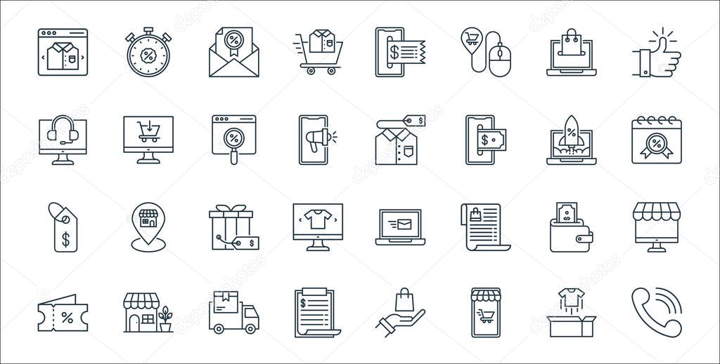 shopping ecommerce line icons. linear set. quality vector line set such as telephone, shopping online, price list, voucher, wallet, gift, calendar, t shirt, monitor