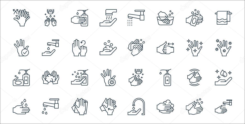 wash hands line icons. linear set. quality vector line set such as hand washing, hand washing, washing hands, hand sanitizer,