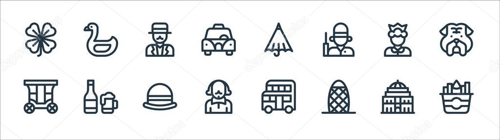 England line icons. linear set. quality vector line set such as fish, shakespeare, carriage, queen, gentleman, umbrella, swan vector