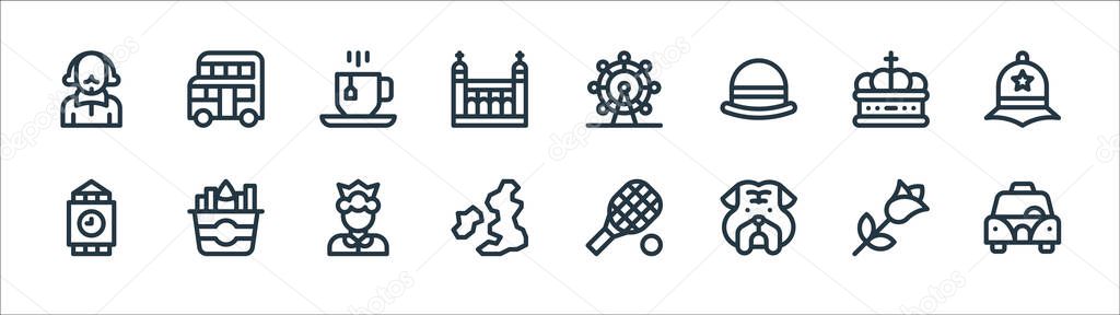 England line icons. linear set. quality vector line set such as taxi, bulldog, england, big ben, crown, tea cup, ferris wheel, double decker bus vector