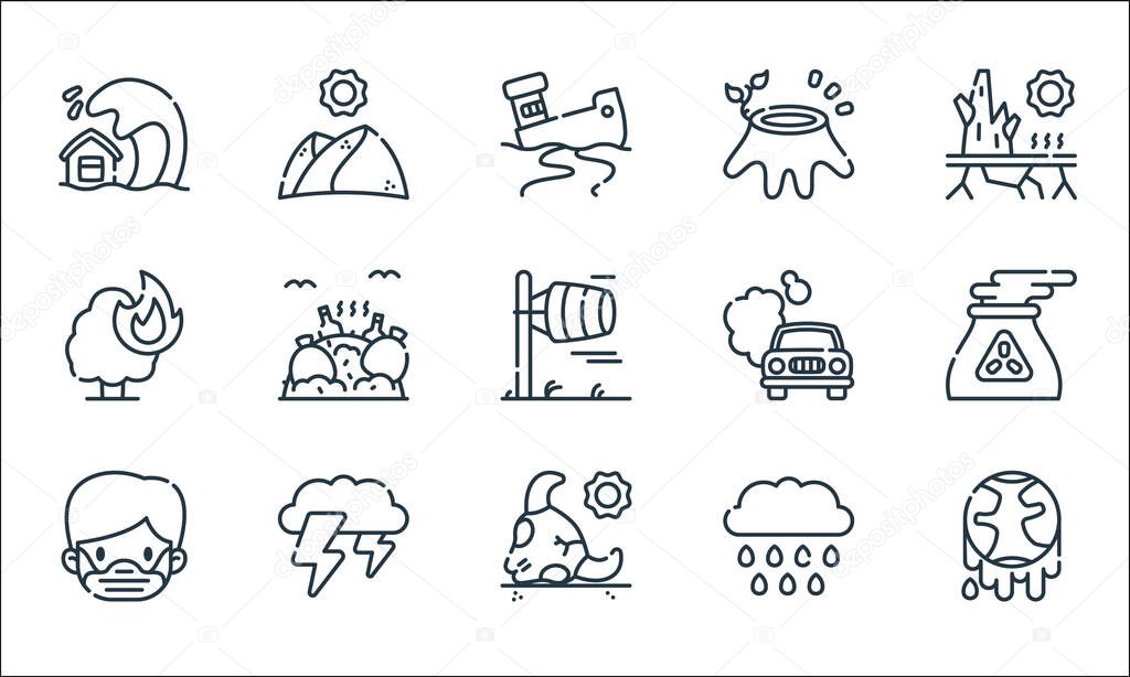climate change line icons. linear set. quality vector line set such as climate change, bull, medical mask, rain, thunderstorm, burning tree, co, deforestation, desert