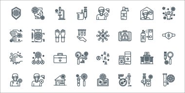 Virüs çizgisi simgeleri. Doğrusal küme. Laboratuvar, petri kabı, analiz, doktor, hastane, ilk yardım, maske, virüs, akıllı telefon gibi kalite vektör dizileri