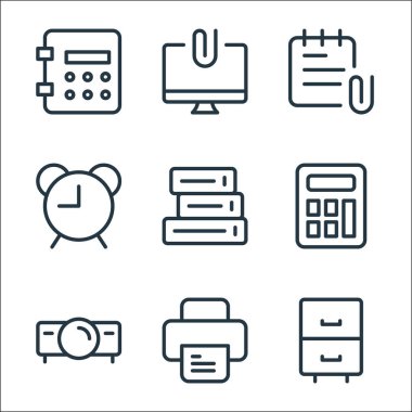 Ofis malzemeleri ikonları. Doğrusal küme. Dolap çekmecesi, yazıcı, ev sineması, hesap makinesi, dosyalar, saat iğneleri, eklenti, masaüstü gibi kalite vektör dizileri