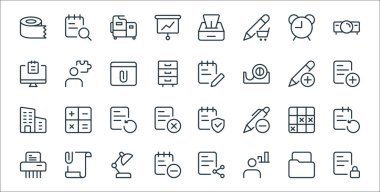 Ofis malzemeleri ikonları. Doğrusal küme. Kilitli, yönetici, kaldırma, kağıt silme, takvim, yeniden yükleme, toplama, ofis malzemeleri, beceri gibi kalite vektör dizileri