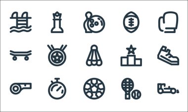 Spor çizgisi simgeleri. Doğrusal küme. Yarış arabası, futbol, ıslık, tenis, kronometre, kaykay, podyum, Amerikan futbolu, satranç gibi kalite vektör dizileri