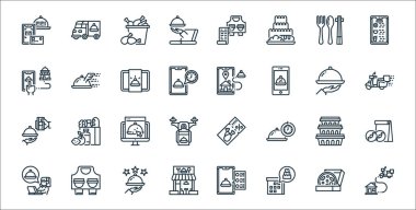 Yemek dağıtım hattı simgeleri. Doğrusal küme. konum, takvim, dükkan, yiyecek, yiyecek kabı, düzen, scooter, GPS, tepsi gibi kalite vektör dizileri