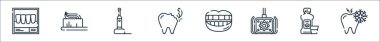 Diş bakımı ikonları. Doğrusal küme. Hassasiyet, gargara, diş hekimi, gülümseme, kırık diş, elektrikli diş fırçası, diş fırçası gibi kalite vektör dizileri