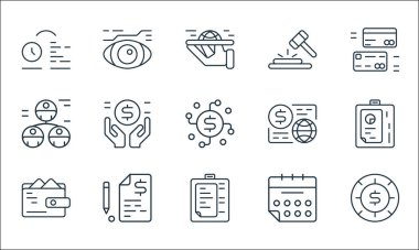 İş ve finans sektörü simgeleri. Doğrusal küme. Hedef, planlama, cüzdan, takvim, bütçe, yönetim, para akışı, açık artırma, vizyon gibi kalite vektör dizileri