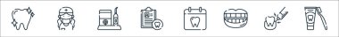 Diş bakımı ikonları. Doğrusal küme. Diş macunu, anestezi, gülümseme, dişçi, dişçi, diş bakıcısı, dişçi gibi kalite vektör dizileri
