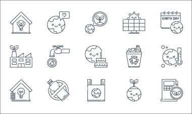 Toprak Ana çizgi simgeleri. Doğrusal küme. Yakıt, plastik torba, tasarruf enerjisi, dünya günü, şişe, fabrika, geri dönüşüm kutusu, güneş paneli, dünya günü gibi kalite vektör çizgisi