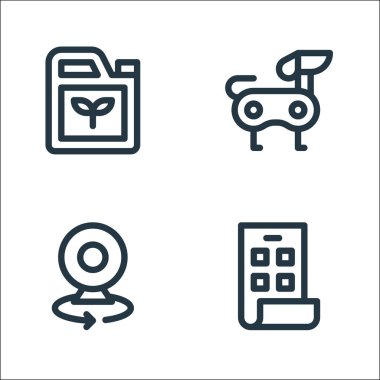 Gelecekteki çizgi simgelerinin teknolojisi. Doğrusal küme. Katlanabilir telefon, kamera, robot köpek gibi kalite vektör çizgisi