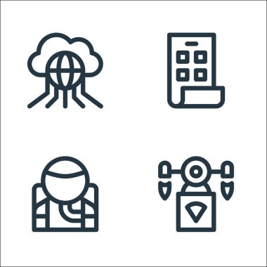 Gelecekteki çizgi simgelerinin teknolojisi. Doğrusal küme. İHA teslimatı, astronot, katlanabilir telefon gibi kalite vektör çizgisi