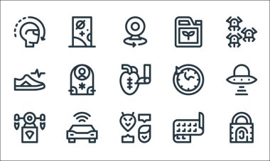 Gelecekteki çizgi simgelerinin teknolojisi. Doğrusal küme. Parmak izi taraması, temas, İHA teslimatı, malzeme, otonom araba, akıllı ayakkabılar, zaman yolculuğu, biyoyakıt, kapı...