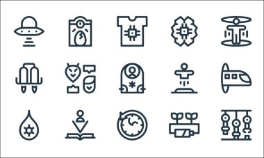 Gelecekteki çizgi simgelerinin teknolojisi. Doğrusal küme. Robot kol, zaman yolculuğu, nanoteknoloji, eko enerji, kitap, jetpack, ışınlanma, yapay zeka, yumurta