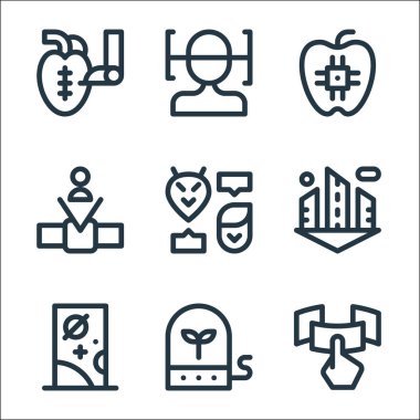 Gelecekteki çizgi simgelerinin teknolojisi. Doğrusal küme. Ekran, bitki, kapı, şehir, temas, akıllı sepet, yemek, yüz taraması gibi kalite vektör çizgisi