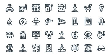 Gelecekteki çizgi simgelerinin teknolojisi. Doğrusal küme. Akıllı gözlükler, şehir, kapı, cyborg, internet, DNA, jetpack, hiperdöngü, yenilenebilir enerji gibi kalite vektör dizileri