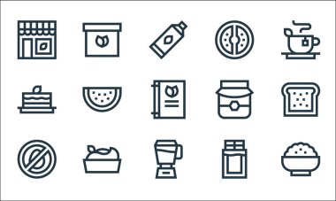 Vejetaryen çizgisi simgeleri. Doğrusal küme. Yulaf, mikser, yumurta, çikolata, humus, havuçlu kek, bal, domates, kutu gibi kalite vektör dizileri