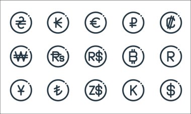 Döviz çizgisi simgeleri. Doğrusal küme. Dolar, dolar, Japon yeni, laos, Türk lirası, won, bitcoin, ruble, myanmar gibi kalite vektör dizileri