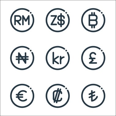 Döviz çizgisi simgeleri. Doğrusal küme. Türk lirası, bağırsak, avro, pound, Danimarka kronu, naira, bitcoin, dolar gibi kalite vektör çizgisi kümesi