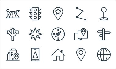 Navigasyon çizgisi simgeleri. Doğrusal küme. kalite vektör çizgisi dünya çapında, ev, adres, konum kodu, GPS telefonu, yön, harita noktası, pin, trafik