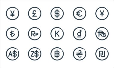 Döviz çizgisi simgeleri. Doğrusal küme. Şekel, thai baht, dolar, hryvnia, dolar, dolar, Türk lirası, Vietnam, euro, pound gibi kalite vektör çizgisi