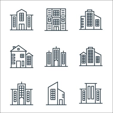 Binalar simgeler çiziyor. Doğrusal küme. Kaliteli vektör çizgisi oluşturma, inşa etme, inşa etme gibi,