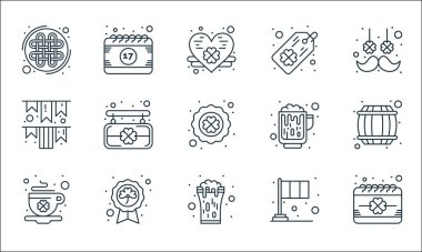 Aziz Patrick çizgisi simgeleri. Doğrusal küme. takvim, bira, kahve, bayrak, rozet, bayraklar, alkol, etiket, takvim gibi kalite vektör dizileri