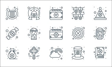 Aziz Patrick çizgisi simgeleri. Doğrusal küme. Kitap, bulut, çanta, şapka, haç, şeker, İrlanda, çelenk, at nalı gibi kalite vektör çizgisi kümesi