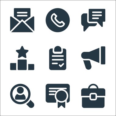 İş dünyası simgeleri. Doğrusal küme. portföy, ödül, büyüteç, megafon, kontrol listesi, sıralama, sohbet, telefon görüşmesi gibi kalite vektör dizileri