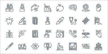 Tıbbi hat simgeleri. Doğrusal küme. Kaliteli vektör dizisi, örneğin, kardiyogram, böbrek, termometre, hastane yatağı, sağlık kontrolü, kan torbası, damlatıcı, enjeksiyon