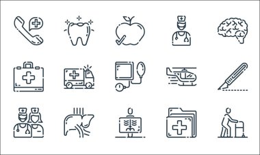 Tıbbi hat simgeleri. Doğrusal küme. Yaşlı adam, radyoloji, takım, tıbbi klasör, karaciğer, ilk yardım kiti, doktor, diş gibi kalite vektör çizgisi