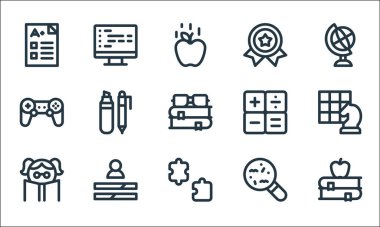 İnek çizgisi simgeleri. Doğrusal küme. Kitaplar, bulmaca parçası, kız, bakteri, beceri, oyun denetleyici, hesap makinesi, kodlama gibi kalite vektör dizileri