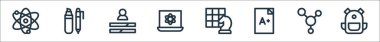 İnek çizgisi simgeleri. Doğrusal küme. Okul çantası, moleküller, sınav, satranç, molekül, beceri, kalem gibi kalite vektör dizileri