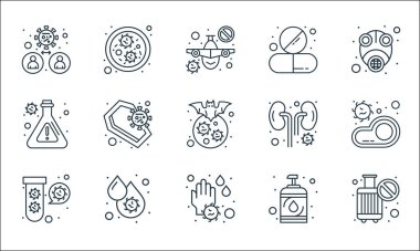 Virüs iletim hattı simgeleri. Doğrusal küme. Seyahat, mikrop, virüs, el yıkama, kan hücresi, matara, böbrek, tablet, virüs gibi kalite vektör dizileri