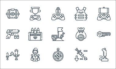 Video oyunu çizgi simgeleri. Doğrusal küme. joystick, pusula, yükseltme, nerf, oyuncu, silah, para çantası, zırh, kupa gibi kalite vektör dizileri