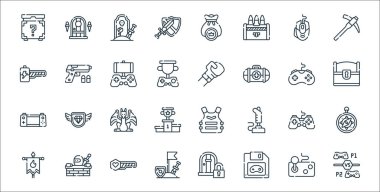 Video oyunu çizgi simgeleri. Doğrusal küme. çoklu oyuncu, dosya kaydet, macera oyunu, bayrak, oyun denetleyici, son patron, göğüs, dövüş oyunu, silah gibi kalite vektör dizisi