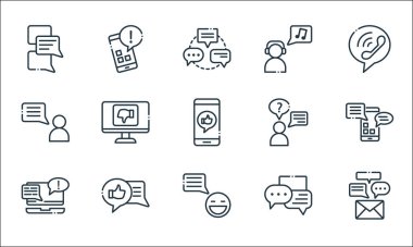 Sohbet ve iletişim hattı simgeleri. Doğrusal küme. İleti, iyi geri bildirim, bilgisayar, konuşma baloncukları, iyi eleştiri, sohbet, konuşma, kullanıcı, akıllı telefon gibi kalite vektör dizileri