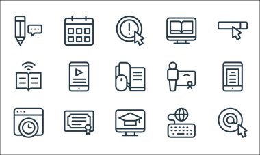 çevrimiçi öğrenme satırı simgeleri. Doğrusal küme. Arroba, çevrimiçi öğrenme, zaman, klavye, diploma, kitap, sertifika, kitap, takvim gibi kalite vektör dizileri
