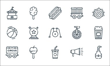 Sirk çizgisi simgeleri. Doğrusal küme. Yılan, meşrubat, sirk, megafon, karamelize elma, plaj topu, tek tekerlekli bisiklet, araba, pamuk şeker gibi kalite vektör dizileri