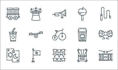 Sirk çizgisi simgeleri. Doğrusal küme. Davul, çelenk, tarot kartı, poster, bayrak, meşrubat, patlamış mısır, karamelize elma, sihirli şapka gibi kalite vektör dizileri