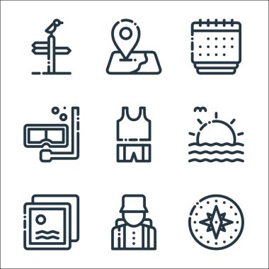 tatil ve seyahat çizgisi simgeleri. Doğrusal küme. Pusula, turist, resim, güneş, mayo, dalış maskesi, takvim, konum gibi kalite vektör dizileri